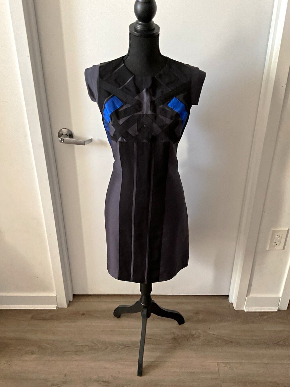 Nicole Miller Runway Collection Blue Black Geometric Bandage cage sheath Dress